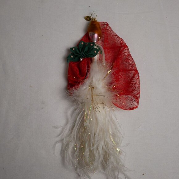 Vintage Christopher Radko Angel Ornament With Red Veil & Feather Dress Italy - Picture 1 of 8